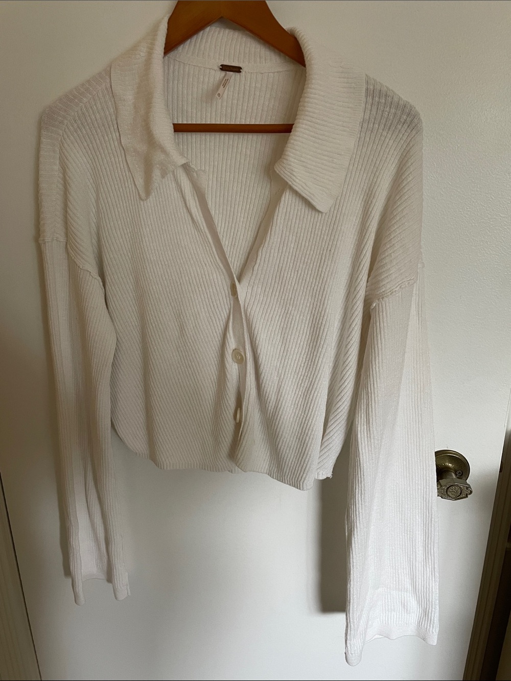 Free People Cream Ribbed Button-Up Collared Top